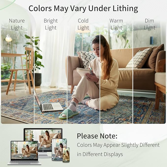 Enkor Area Soft Rugs 9x12 Washable Non Slip Boho Floor Rugs for Living Room Bedroom, Vintage Style Farmhouse Mat for Kitchen Entryway Green & Blue
