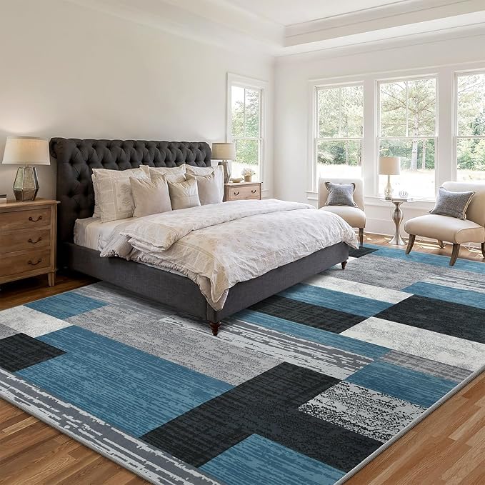 Large Area Rugs,Modern Geometric Patchwork Floor Decor for Bedroom Aesthetic Carpet, Rockwood Collection, Indoor Rugs for Living Room, Dining Room, Nursery, Office, Machine Washable Rug,5x8 Ft Blue