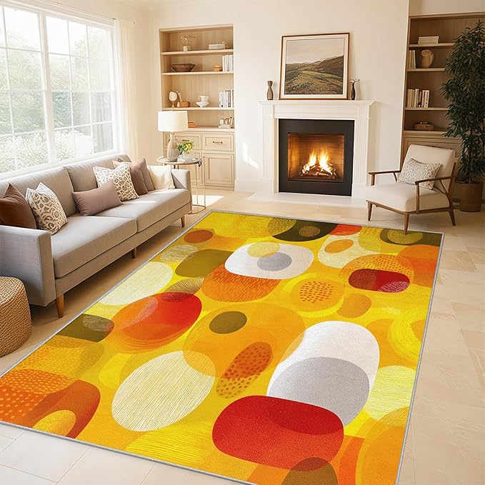 Abstract Geometry Rugs for Home Decor, 7x9 ft, Mid Century Modern Area Rugs for Living Room, Soft Non Slip Washable 70s 80s Geometric Carpet Bedroom Decorations Dt-Ghf-19