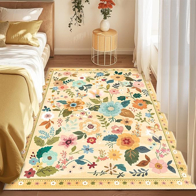 Floral 5x7 Area Rug Machine Washable Soft Print Boho Carpet Non Slip Doormat Low Pile Flower Area Rugs for Living Room Bedroom Nursery Kitchen Dining Room Indoor-Ivory/Yellow