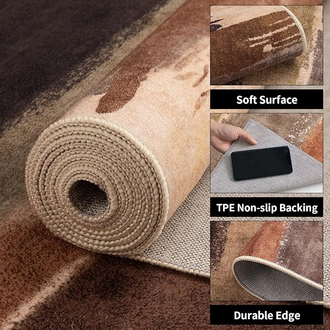 Ciicool Modern Abstract Brown Grey Rug for Living Room, 6'x9' Machine Washable Area Rug Non-Slip Rug, Low-Pile Contemporary Indoor Dining Floor Carpet for Bedroom Office Under Table Home Decor