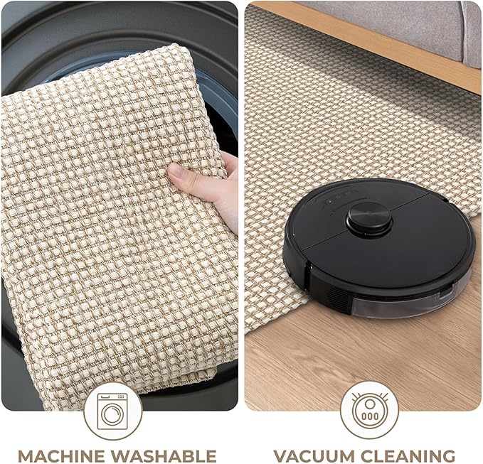 KOZYFLY Long Runners for Hallways 2x12 ft Washable Kitchen Runner Non Slip Rubber Backed Hallway Rugs Cotton Entryway Runner Rug Floor Carpet for Indoor Hall, Backdoor, Kitchen, Ivory/Khaki