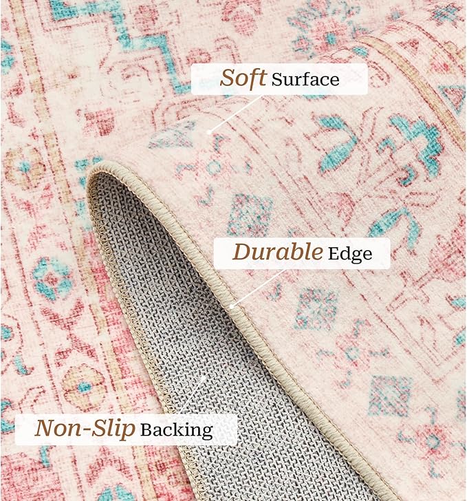 zesthome 8x10 Area Rugs for Girls Bedroom, Non-Slip Backing Washable Rugs, Vintage Large Pink Rug, Stain Resistant Nursery Room Rug (Pink/Blue,8'x10')