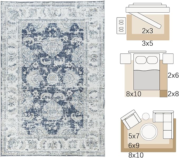 jinchan Fiora 6x9 Area Rug for Living Room Machine Washable Vintage Floral Distressed Design Stain Resistant Boho Carpet Ultra-Thin Low Pile Non-Slip Rug for Bedroom Home Office(6'x9', Dark Blue)