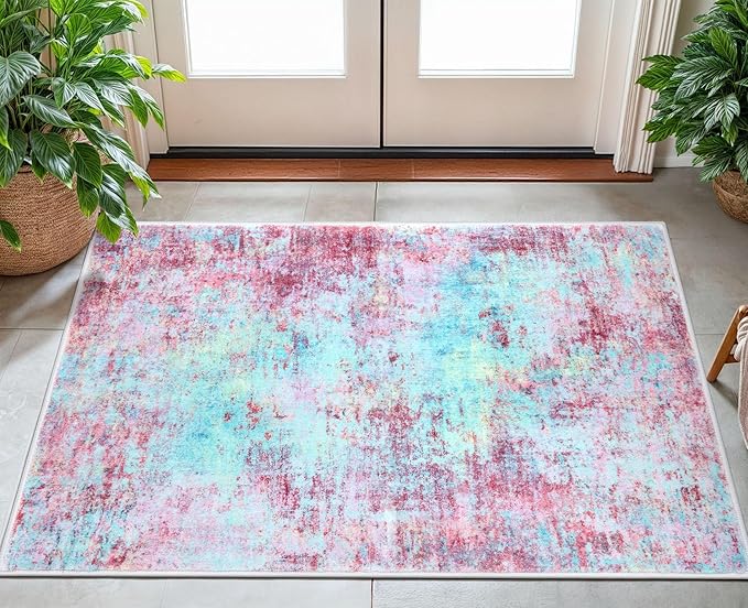 Modern Abstract 3x5 Girls Room Rug, Machine Washable Blush Pink Sky Blue Entryway Rug, Thin Kitchen Mat Non-Slip, Print Faux Wool Soft Floor Carpet for Girl Women's Bedroom Bedside
