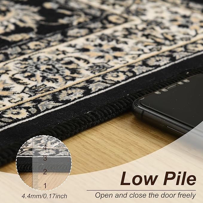 XWZO Runner Rug 2x10ft for Long Hallways, Washable Non-Slip Low Pile Area Rug with Rubber Backing, Spill Resistant Soft Vintage Floor Carpet for Kitchen Entryway Stair Landing Living Room, Black