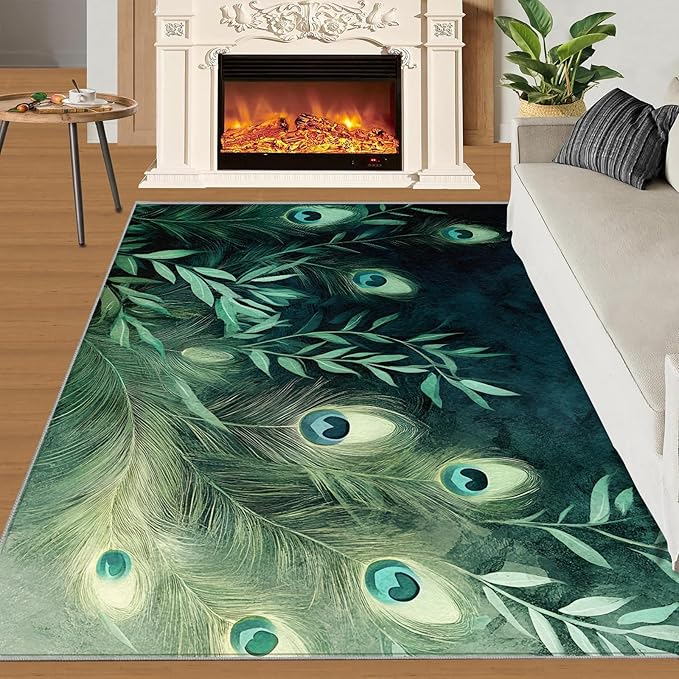 Peacock Feather Rugs for Living Room - 4x6 Rug, Peacock Decor Area Rugs for Bedroom, Teal Turquoise Rug, Plant Washable Carpet, Malachite Green Feather Carpet - Peafowl Home Decor & Gifts