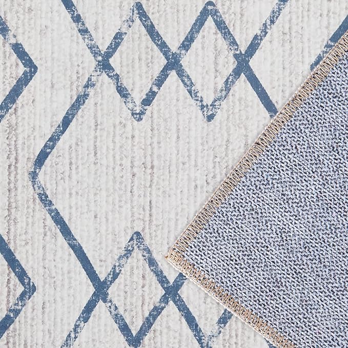 jinchan Hallway Runner Rug 3x10 - Moroccan Kitchen Machine Washable Runner Rug Modern Geometric Soft Faux Wool Ultra-Thin Low-Pile Non-Slip Carpet for Laundry Room Bedroom Farmhouse (3x10ft, Blue)