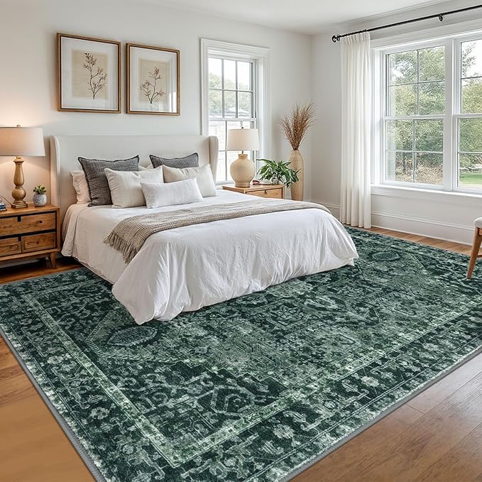 KOZYFLY Area Rug 9x12 Ft Thin Rugs for Living Room Washable Bedroom Rug Non Slip Rugs for Living Room Printed Faux Wool Vintage Bedroom Rug Floor Carpet for Dining Room, Dark Green