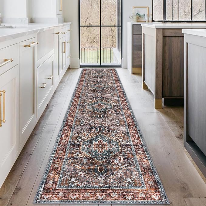 KOZYFLY Runners for Hallways 2x10 Ft Washable Kitchen Runner Rug Boho Runner Rug for Entryway Indoor Printed Faux Wool Carpet Runner for Bedroom Kitchen Hall, Brick Red/Orange/Green