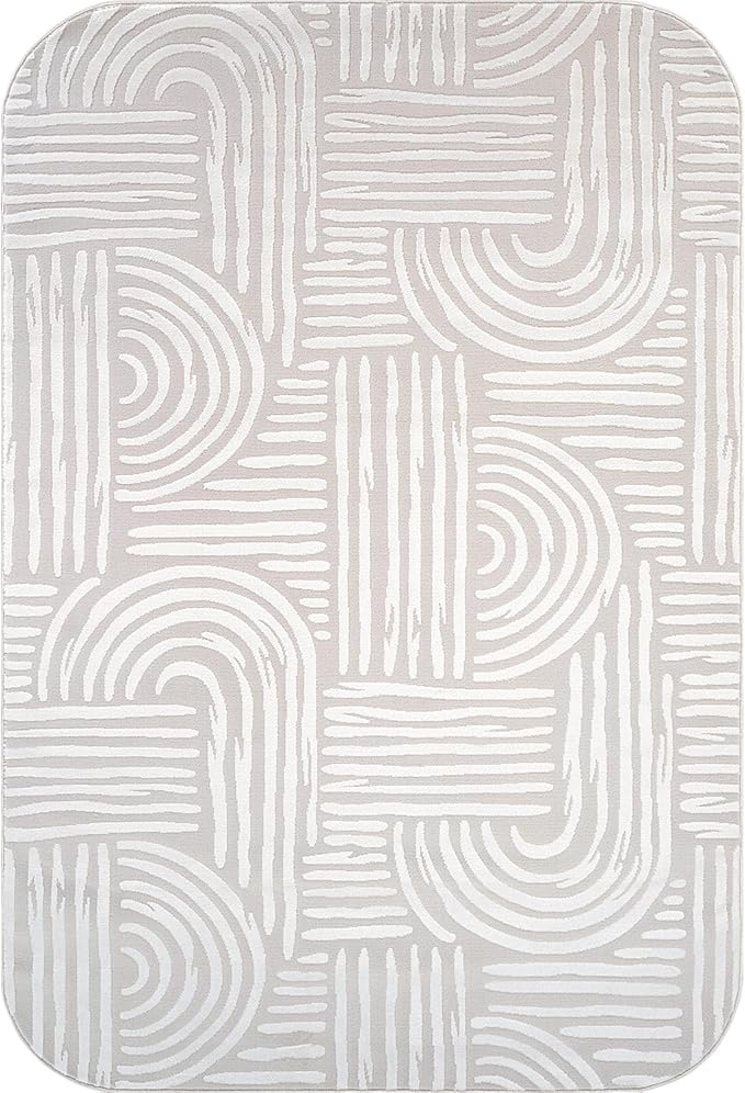 Beverly Rug Modern Geometric Area Rug 8x10 Low-High Pile Durable Soft Abstract Curved Indoor Rugs for Living Dining Room Office Stain Resistant Non Shedding Casual Indoor Carpet Beige White 8 x 10