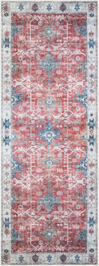 Bloom Rugs Washable Non-Slip 10 ft Runner - Red/Blue Traditional Runner for Entryway, Hallway, Bathroom, and Kitchen - Exact Size: 2.5' x 10'