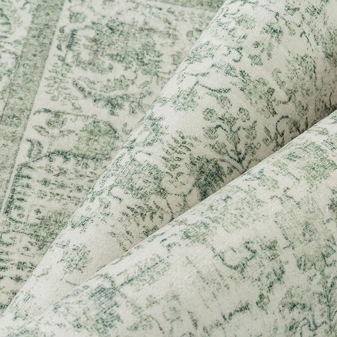 Sage Green Area Rug 4x5 Washable Office Entryway Carpet Vintage Distressed Non Slip Kitchen Indoor Entry Neutral Low Pile Retro Floral Farmhouse Throw Mat for Laundry Dining Room Bedroom