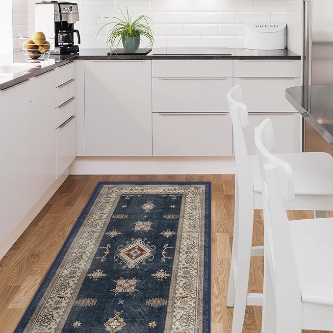 RUGGABLE Washable Vintage Runner Rug – Verena Sapphire 2.5x7, Stain-Resistant, Non-Slip Hallway Runner – Machine Washable Rug for Hallway, Entryway, Living Room & Kitchen–with Standard Pad