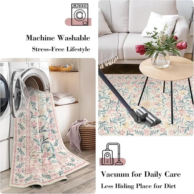 Wonnitar Floral Large Rugs for Living Room, Soft Light Pink Rug Washable 9x12 Carpet Non Slip, Boho Foldable Non-Shedding Kids Carpet for Bedroom Girls Nursery Dorm Playroom