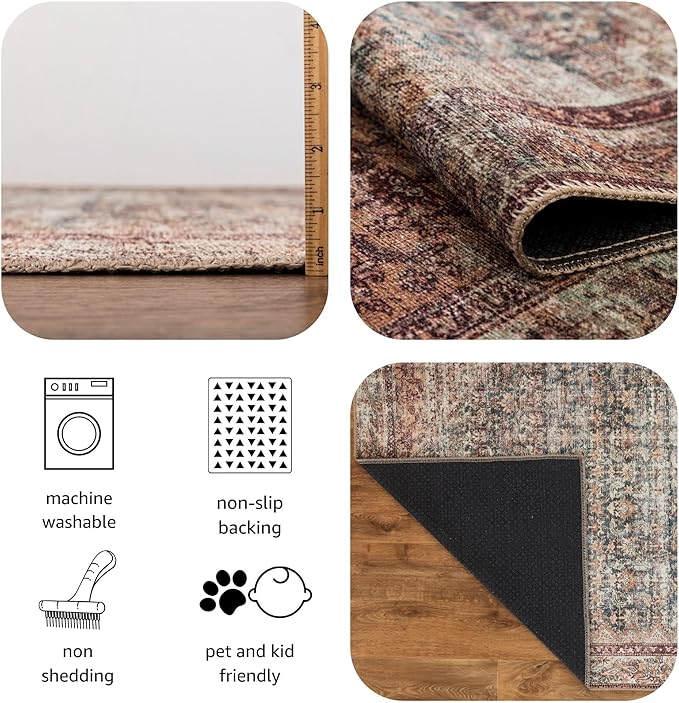 Keen Home Design 8x10 Rug - Machine Washable Area Rug with Non-Slip Backing, Ideal for Living Room, Dining Room, Bedroom - Vintage, Easy Clean, Durable, Low Pile - (8' x 10')