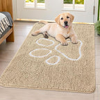 Smiry Dog Door Mat for Muddy Paws, Absorbent Dirt Trapper Non Slip Quick Dry Washable Chenille Mat for Mud Dogs, Entry Rug for Indoor and Outdoor (40x32 Inches, Beige and White)