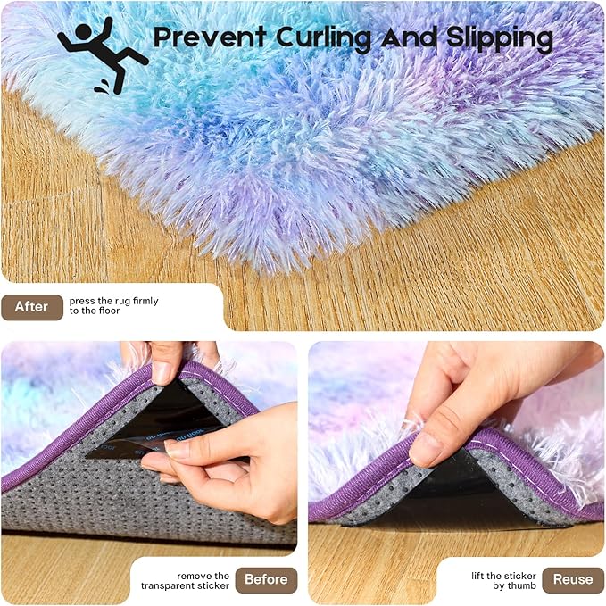 2x3 Rugs for Bedroom, Fluffy Small Area Rugs for Living Room, Soft Shag Fuzzy Carpet with 4 Non-Slip Stickers for Kids Boys and Girls Nursery Dorm Room Home Decor (Rainbow, 2ft x 3ft)