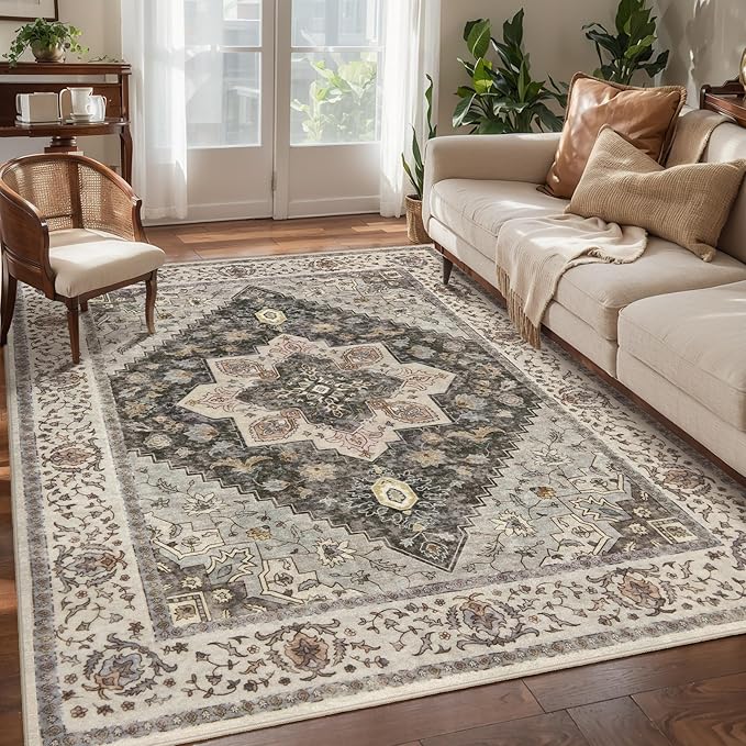 Tangsoo Washable Rug 4x6 Area Rug, Vintage Rug Indoor for Living Room, Non Slip Machine Washable Large Rugs, Soft Print Distressed Grey Farmhouse Carpet for Bedroom Dining Room Dorm Office