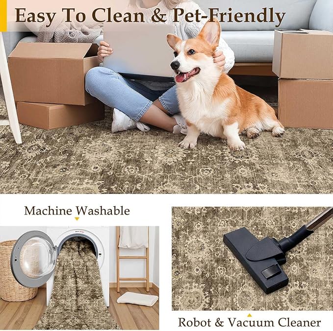 2x5 Washable Runner Rug for Kitchen Hallway Brown Vintage Non-Slip Low Pile Distressed Rustic Carpet Lightweight Vacuumable Soft Throw Rug for Indoor Entryway Bedroom