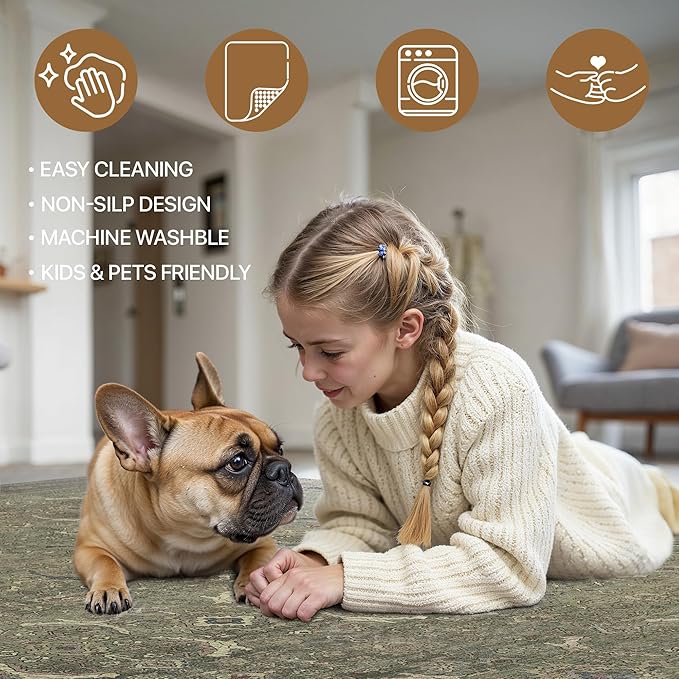 8x10 Area Rug Machine Washable Boho Rug for Living Room,Ultra-Thin Low Pile Carpet,Lightweight Indoor Printed Rug,Non Slip Floral Area Rug for Bedroom, Dining Room, Home Office,Muted Green