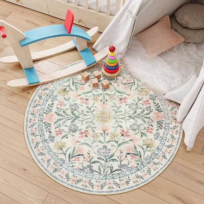 Lahome Round Boho Floral Rugs 4ft, Cream Washable Circle Rugs for Bedroom Nursery, Vintage Beige Circular Carpet, Soft Non-Slip Carpet for Kids Room Playroom Calm Corner, Beige