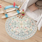 Lahome Round Boho Floral Rugs 4ft, Cream Washable Circle Rugs for Bedroom Nursery, Vintage Beige Circular Carpet, Soft Non-Slip Carpet for Kids Room Playroom Calm Corner, Beige