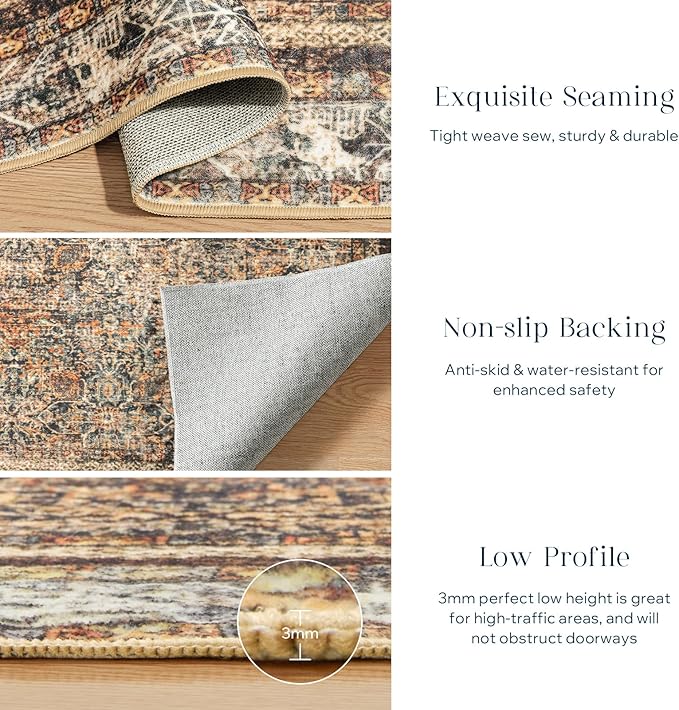 Phantoscope Washable Area Rug 9'x12' Non-Slip, Vintage Neutral Rugs for Living Room, Bedroom, Dining Room, Distressed Boho Floral Medallion Pattern, Low-Pile Foldable Carpet, Brown/Charcoal Spice