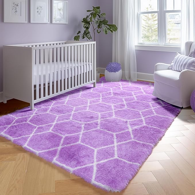 ONASAR Area Rugs for Bedroom Living Room, Washable 4x6 Fluffy Purple and White Throw Rug, Boho Geometric Soft Shaggy Fuzzy Plush Indoor Floor Carpet for Kids Teen Nursery Dorm Home Decor Aesthetic
