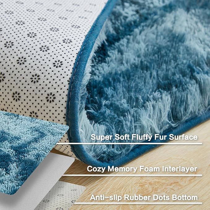 Andency Soft Area Rugs for Living Room Bedroom, 3x5 Non-Slip Fluffy Shag Carpet, Indoor Floor Fuzzy Shaggy Living Room Plush Rug for Kids Dorm Nursery Home Decor Aesthetic, Tie-Dyed Navy Blue