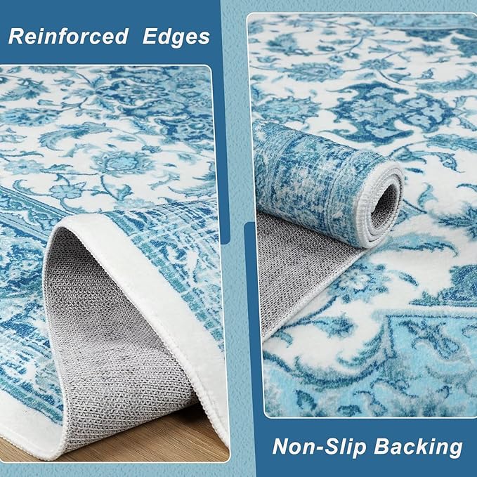 2x3 Small Area Rug for Entryway, Soft Washable Rugs with Non-Slip Backing for Bedroom Kitchen, Vintage Throw Carpet Laundry Entry Door Decor, Celestial Blue