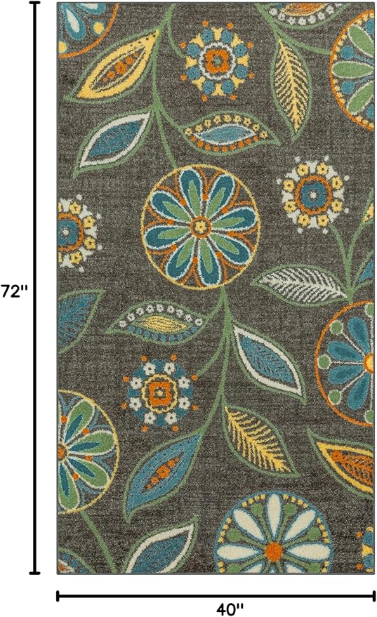 Maples Rugs Reggie Floral Area Rug - Made in USA - Washable, Non Slip, Pet-Friendly Mats for Living Room, Bedroom, and Office, 3'4" x 6', Dark Grey