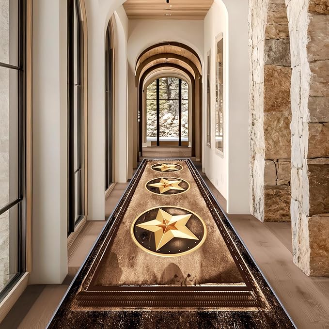 Gold Five-Point Star Runner Rug, 2x10ft Washable Hallway Badge Carpet, Corridor Accent Rugs, Stylish Decorative Runner for Home Hallway & Foyer, Vintage Style Non-Slip Mat