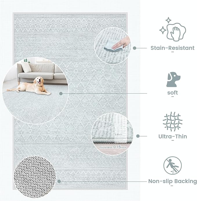 8x10 Area Rug Living Room: Washable Boho Geometric Moroccan Rug Neutral Modern Farmhouse Indoor Soft Non Slip Ultra Thin Large Printed Pattern Carpet for Bedroom Home Office (Grey, 8'x10')