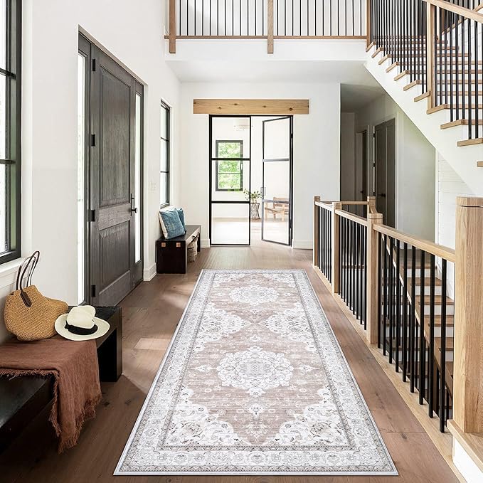Runner Rug 2x6 Entryway Rug - Machine Washable Vintage Boho Area Rug Non-Slip Kitchen Runner Soft Stain Resistant Runners for Hallways Entryway Laundry Kitchen Bathroom Bedroom(Cream Ivory, 2'x6')