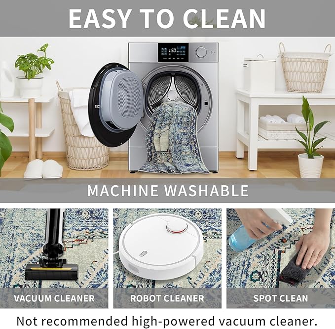 Easy-Going Area Rug 6x9 Washable Boho Rugs for Living Room Non-Slip Bedroom Rug Low Pile Lightweight Medallion Distressed Throw Rug for Dining Room Kitchen Home Office Carpet, Vintage Blue Cream