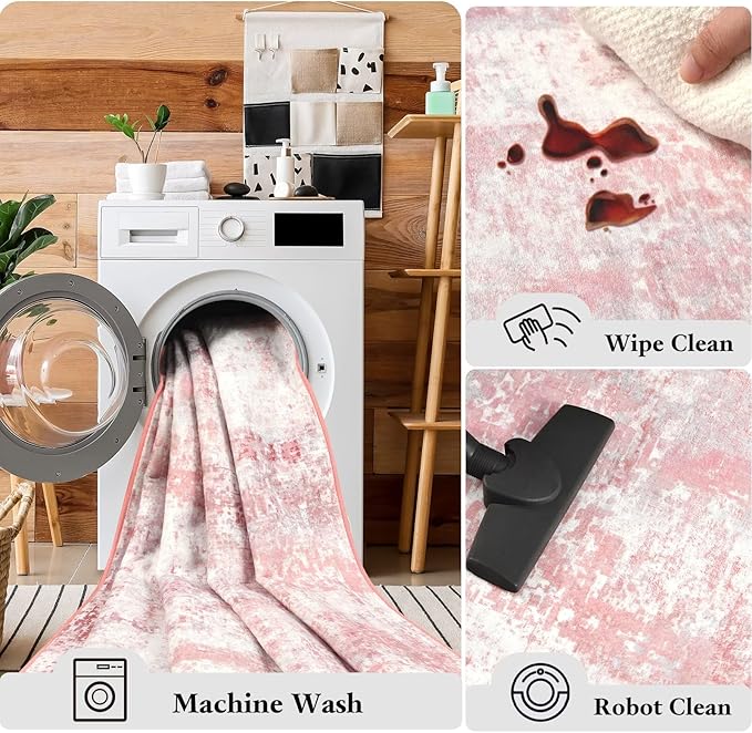 Washable Abstract Runner Rug, 2x6 Modern Area Rugs with Non-Slip Rubber Backed for Kitchen, Thin but Soft Contemporary Carpet Bedroom Entryway Hallway Decor, Pink