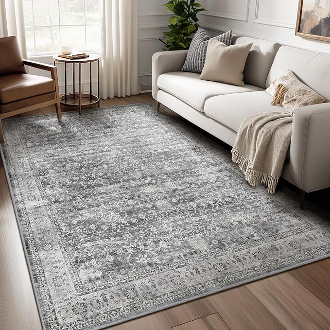Grey Neutral Area Rug 6x9, Vintage Gray Rugs for Living Room Bedroom, Washable Non Slip Low Pile Thin Carpet Rug for Dining Room Guest Room Home Office