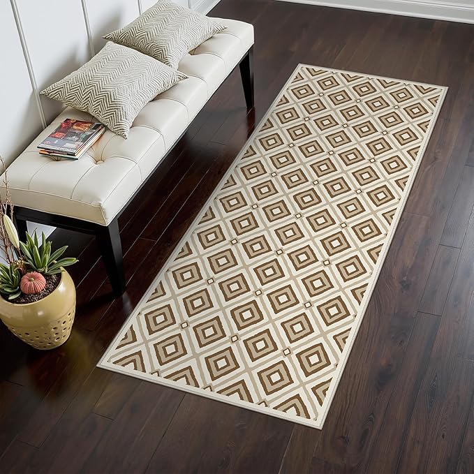 Bavni Hallway Runner Rug Machine Washable, 2x7 Non Slip Lightweight Washable Runners, Moroccan Checkered Rug for Entryway Laundry Kitchen Bathroom Corridor Bedside, Yellow Brown