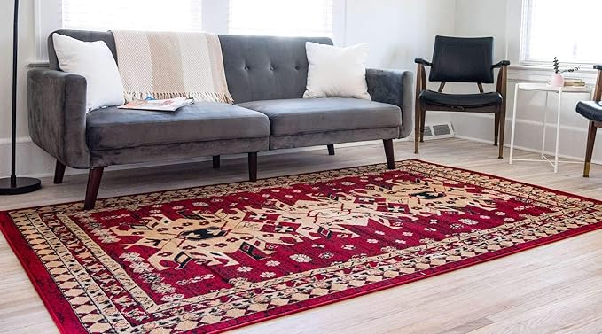 Unique Loom Taftan Collection Border Geometric Tribal Inspired Design Area Rug (6' 0 x 9' 0 Rectangular, Red/ Gold)