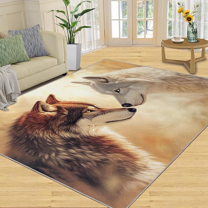 Wolf Rugs for Bedroom - 3x5 Area Rug - 3D Wolf Rugs for Living Room, Misty Forest Rug, Non-Slip Washable Home Decor Carpet