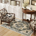 EnHomee 4x6 Washable Area Rugs for Bedroom, Boho Vintage Rugs, Foldable Area Rug for Dining Room, Non-Slip Soft Living Room Rug, Low Pile Large Carpet for Bathroom, Blue and Brown