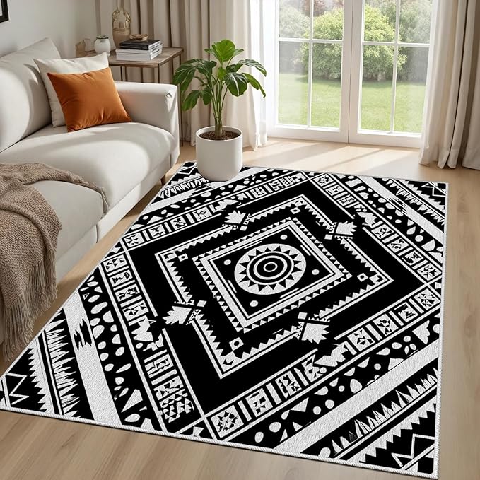 Area Rugs for Living Room 7x9, Moroccan Washable Low Pile Rug, Boho Neutral Farmhouse Ultra Soft Carpet for Bedroom Dining Room Home Decor, Geometric Print Tribal Carpets Black and White