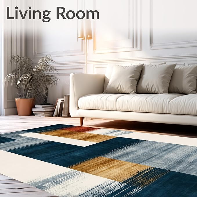 Flatwoven High Traffic Area Rug 4x6, Eclectic Funky Ink Wash Design Abstract Area in Multi Tone, Non Slip, Stain Resistant, Washable Area Rugs for Living Room, Bedroom (Blue, 4x6)