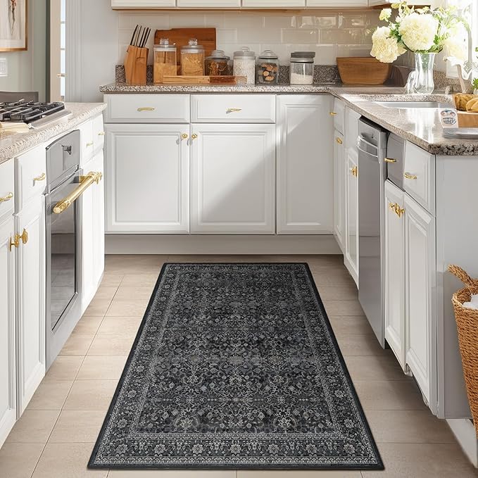 Vintage Charcoal 3x5 Entryway Rug Indoor Foyer, Neutral Earth Tone Dark Throw Rug for Kitchen Bathroom, Machine Washable Non Slip Thin Area Rug for Nursery/Bedroom Bedside/Home Office/Dorm