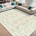 Floral Sage Green Washable Area Rugs 9x12 for Living Room, Vintage Large Thin Botanical Rug for Bedroom, Dining Room Under Table - Cottagecore Soft Boho Accent Carpet with Low Pile & Non-Slip
