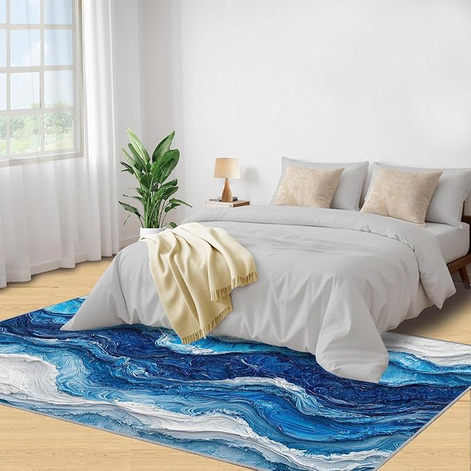 4x6 Ocean Waves Cafe Rug - Abstract Waves Rugs for Bedroom Aesthetic, Abstract Art Soft Comfortable Non-Slip for Offie Bedroom Study Boy Girl Room Hotel Dorm