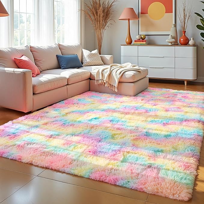 Zentavio Unicorn Rugs for Girls Room 5x8 Area Rugs for Living Room Carpet for Bedroom Washable Soft Fluffy Shag Aesthetic Plush High Pile Throw Rug for Nursery Kids Room Dorm Room Rainbow