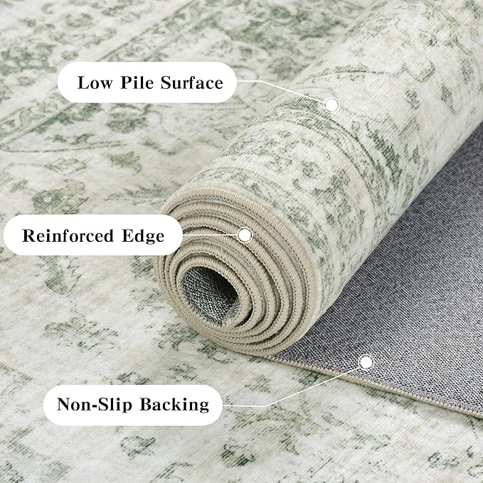 6x9 Vintage Washable Area Rugs Boho Medallion Large Distressed Retro Accent Carpet Floral Non-Slip Soft Low Pile Indoor Throw Rug for Living Room Bedroom Dining Room Office Kitchen, Green