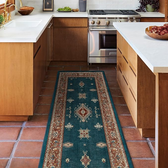 RUGGABLE Washable Vintage Area Rug – Verena Teal Blue 8x10, Stain-Resistant, Non-Slip – Large Machine Washable Rugs for Living Room, Bedroom, Hallway, Entryway & Office–with Standard Pad